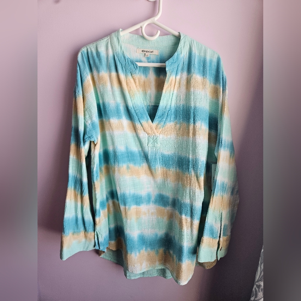 Rip Curl Women's Blue and Cream Tie-Dye Top